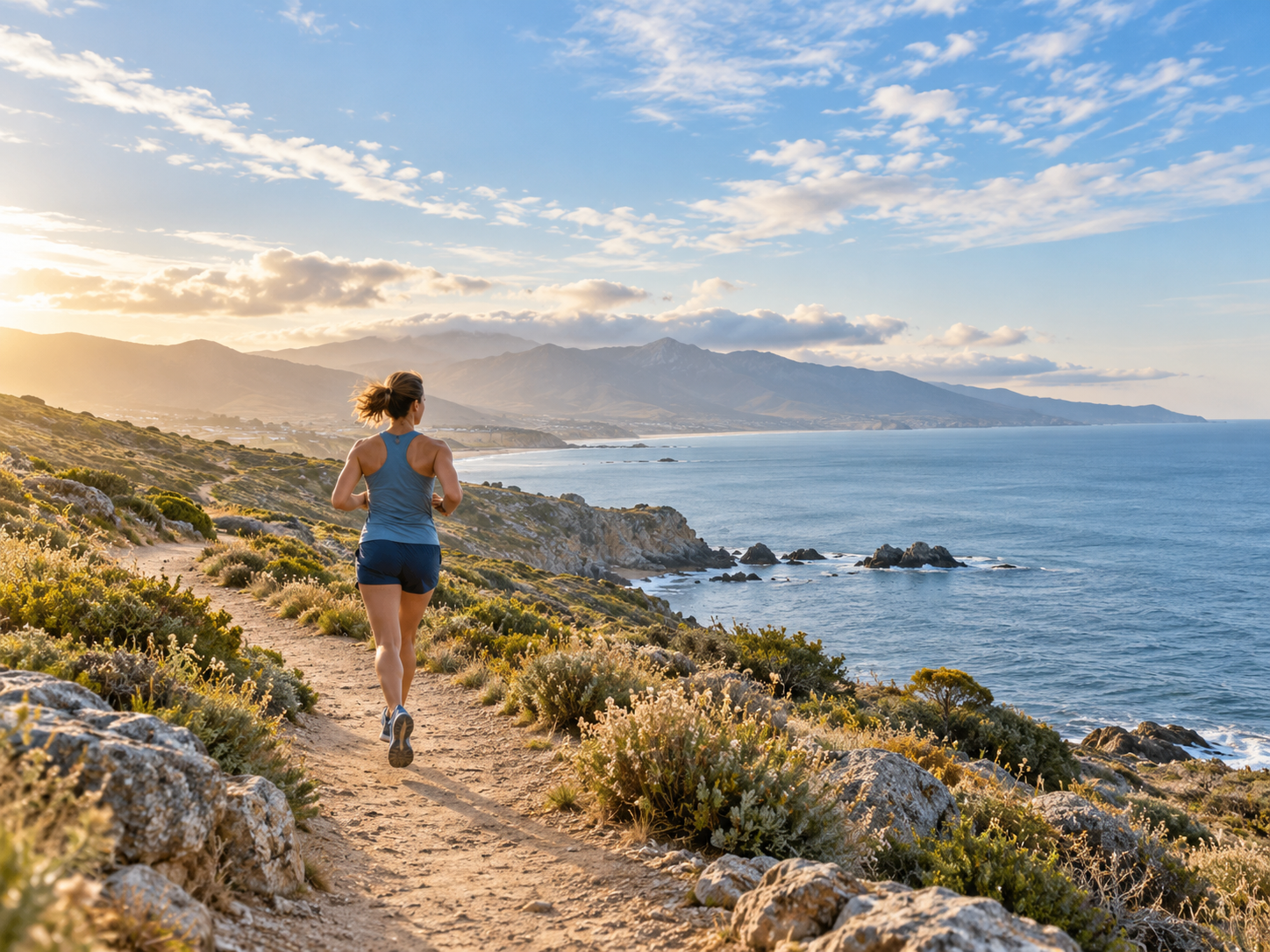 A runner on a coastal nature trail, with the ocean and mountains in soft morning light