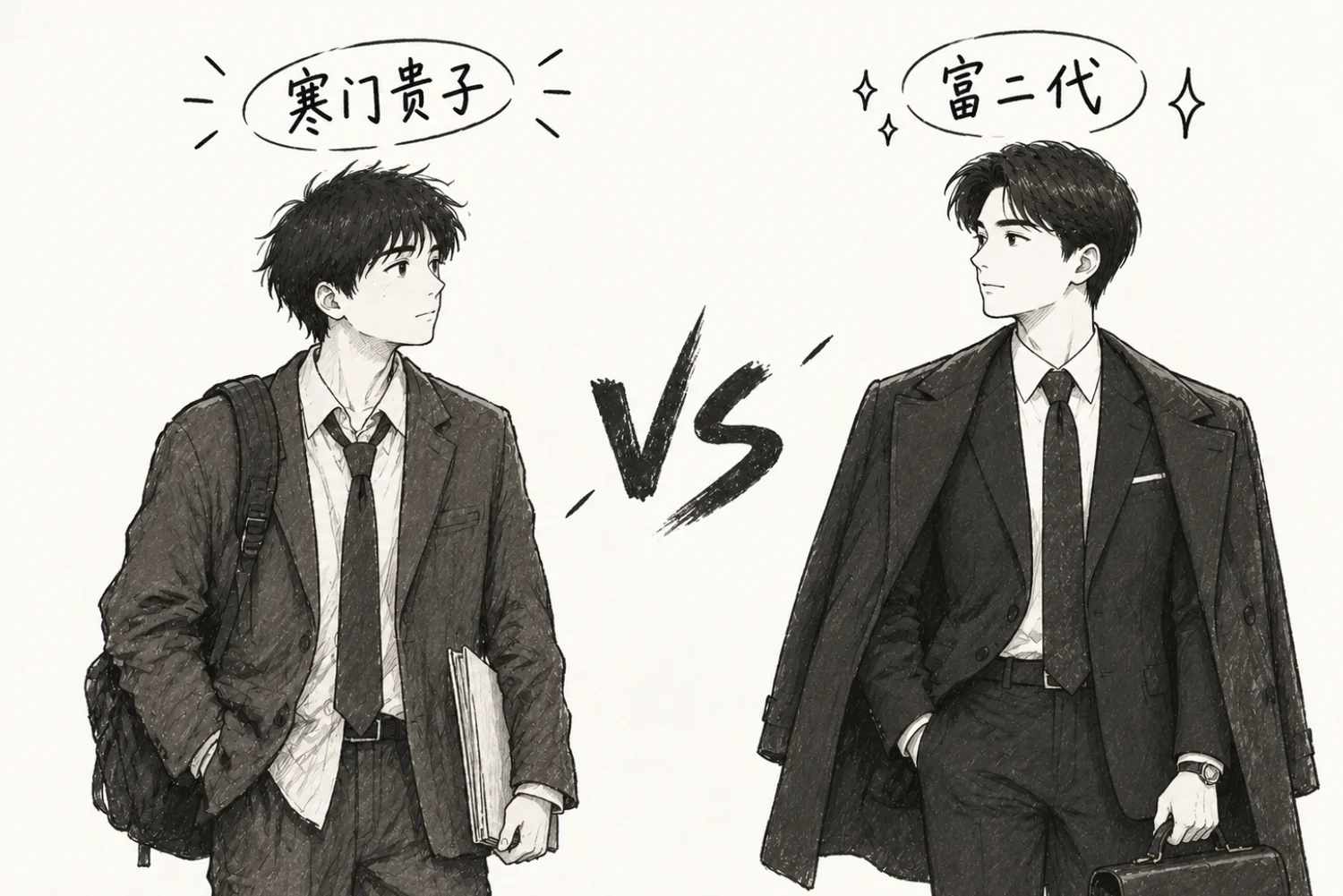 Black-and-white drawing of two men in different suits, labeled 寒门贵子 versus 富二代